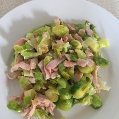 A picture of Brussel Sprouts with Leeks and Bacon.