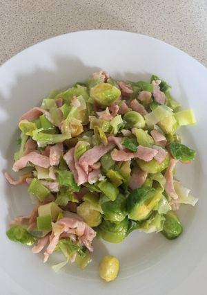 A picture of Brussel Sprouts with Leeks and Bacon.