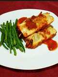Enchiladas and steamed glazed runner beans