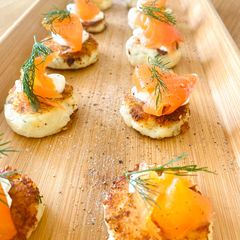 A picture of Potato cakes with dill and smoked salmon (canapé).
