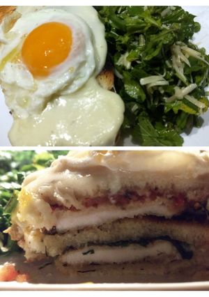 Una foto de Suprema entre panes de estragón y ensalada de rúcula y parmesano