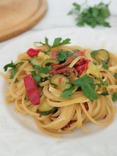 A picture of Linguine with Garlic, Oil, and Summer Vegetables.