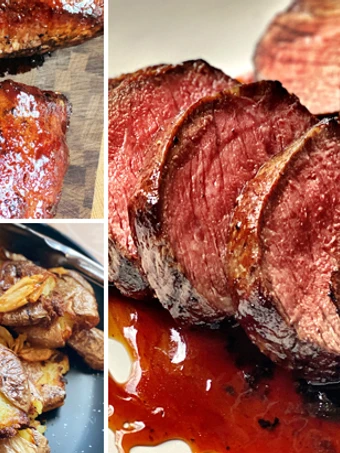 Easy Way Make Recipe Whiskey-Maple Glazed Fullblood Wagyu Steak with Smashed Potatoes that is Awesome, So Delicious}