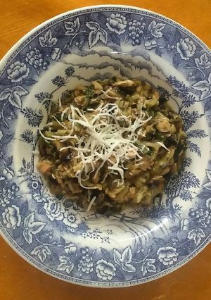 Una foto de Risotto de Zapallo Italiano, Acelgas, Pollo y Champiñones