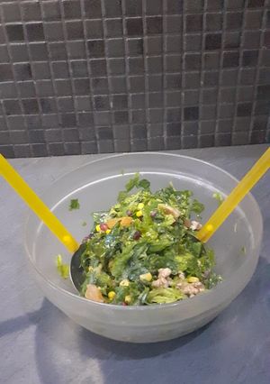 A picture of Green Salad with Dried Fruits and Honey Mustard Dressing!!.