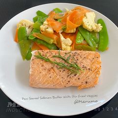 A picture of Pan Seared Salmon Butter With Stir fried Veggies.