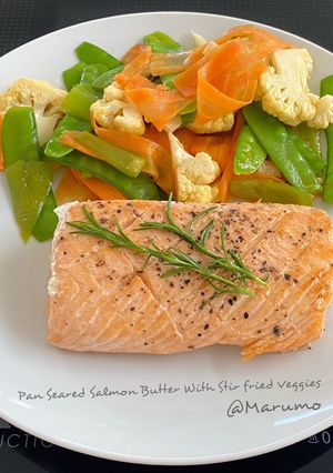A picture of Pan Seared Salmon Butter With Stir fried Veggies.