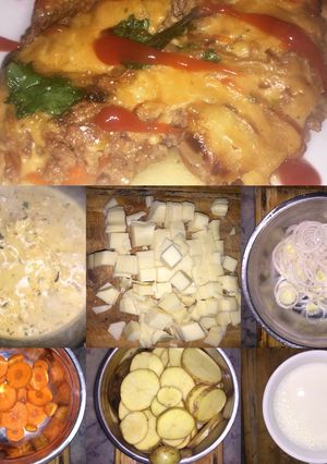 Una foto de Pastel de Papa, Zanahoria y Carne con salsa de mozzarella y cebolla