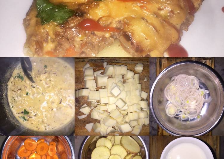 Pastel de Papa, Zanahoria y Carne con salsa de mozzarella y cebolla