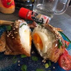 A picture of Pork Belly Egg Onigiri.