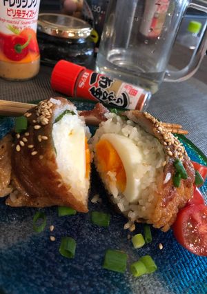 A picture of Pork Belly Egg Onigiri.