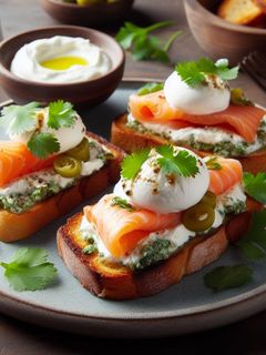 Una foto de Tostas con mayonesa de cilantro y salmón relleno de burrata