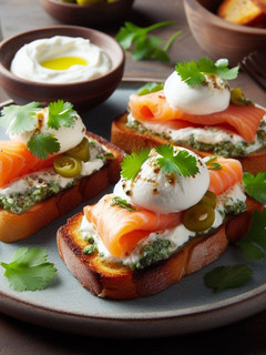 Una foto de Tostas con mayonesa de cilantro y salmón relleno de burrata