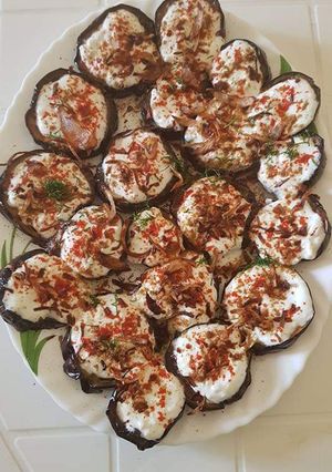 A picture of Grilled eggplant with yoghurt sauce.