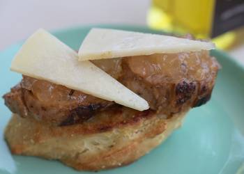 Popular Cuisine Sirloin steak open toasted sandwich with caramelized onion and cheese recipe Savory Delicious