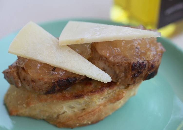 Sirloin steak open toasted sandwich with caramelized onion and cheese recipe