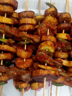 A picture of Plantain and gizard kebab.