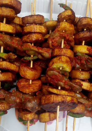 A picture of Plantain and gizard kebab.
