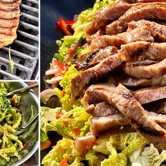 A picture of Grilled Wagyu Strip Steak Over Sweet and Spicy Jalapeno Slaw.