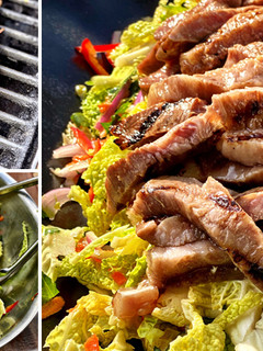 A picture of Grilled Wagyu Strip Steak Over Sweet and Spicy Jalapeno Slaw.