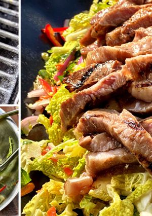 A picture of Grilled Wagyu Strip Steak Over Sweet and Spicy Jalapeno Slaw.
