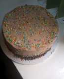 Pinacolada cake covered in chocolate whipped cream