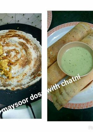 A picture of Mysore dosa with coconut chutney.