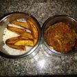 Rice, plantain and snail sauce