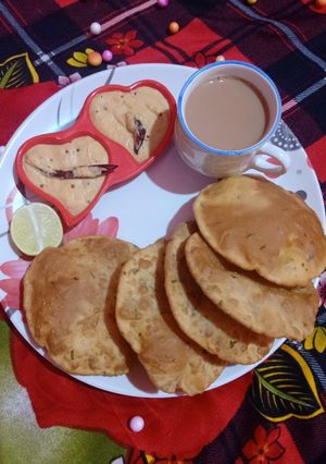 A picture of Khasta flour & poori with peanut & chutney.