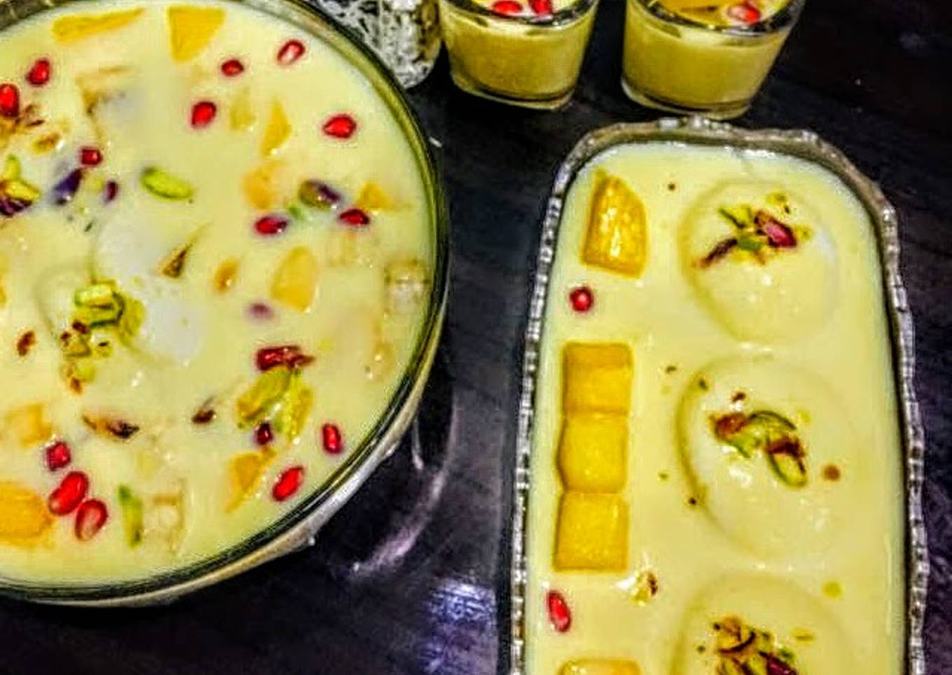 Mango rasmalai in mix fruit dry fruits vanilla custard