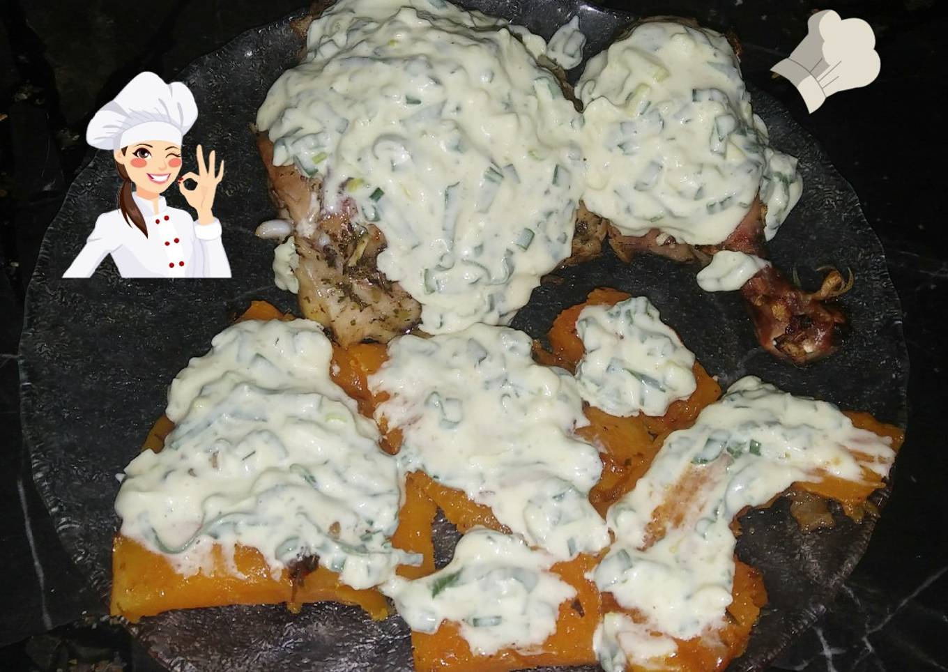 Pollo al horno con calabaza y salsa crema de verdeo