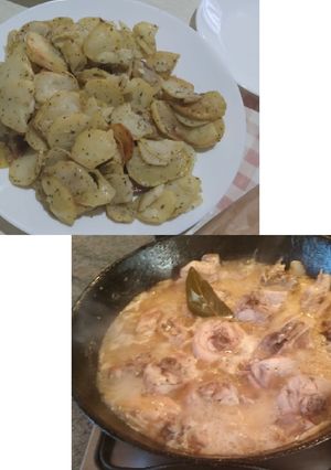 Una foto de Pollo a la cerveza con patatas al ajo cabañil
