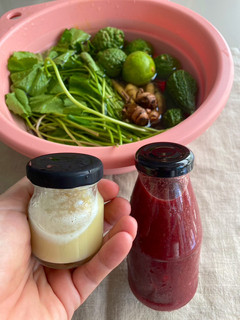 A picture of Beetroot and Sunflower Sprout Fruit Juice + Herbal Bomb Shot with Fingerroot, Ginger, Gotu Kola, and Bitter Melon 🫚🌱🥕.