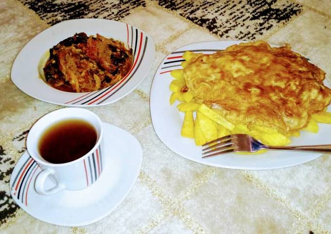 Smooked fish pp with chips and egg and black tea