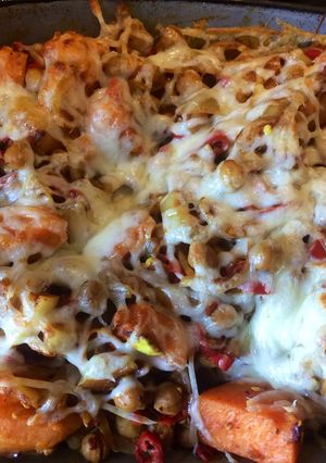 A picture of Flaming Cheesy Sweet Potato Fries.