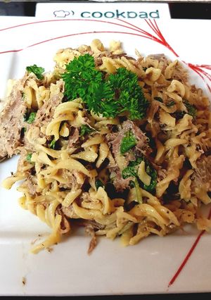 A picture of My Lamb Pasta with Yogurt & Mint Sauce. 😍.