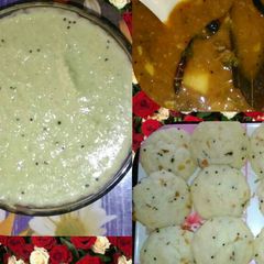 A picture of IDLI SAMBHAR with coconut chutney.