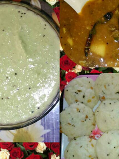 A picture of IDLI SAMBHAR with coconut chutney.