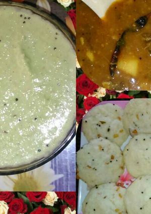 A picture of IDLI SAMBHAR with coconut chutney.