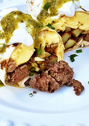 A picture of Wagyu Beef Sausage, Potato, and Egg Breakfast Burritos.