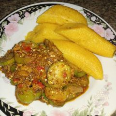 A picture of Garden egg sauce and plantain.