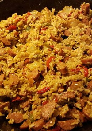 A picture of Kielbasa and rice (wv style).