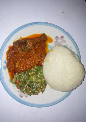 A picture of Cassava swallow, white okra and stew.
