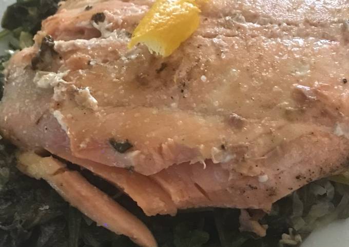 How to Make Super Quick Homemade Salmon over cooked greens