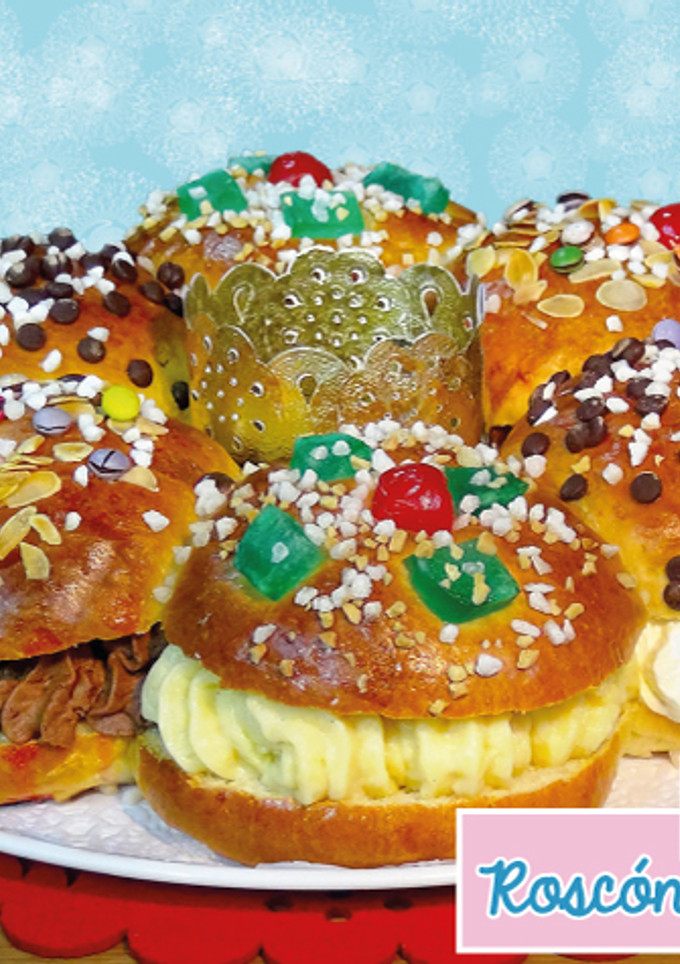 Una foto de Divertido Roscón de Reyes relleno de 3 sabores, nata, trufa y crema pastelera