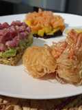 Gamberoni in pasta kataifi e tartare di tonno e salmone