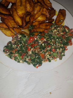 A picture of Veggies omelette with fried plantain.