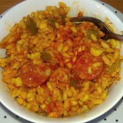 A picture of Spicy chorizo, smoked mackerel paella 🍀.