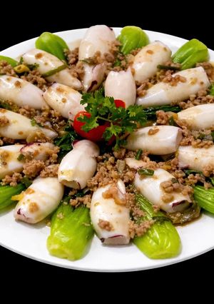 Hình của món SP.0844 - Mực Hấp Cải Muỗng Xốt Dầu Hào.