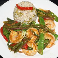 A picture of Stir fry shrimp with vegetables.
